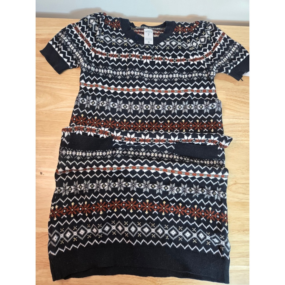 Carters Girls Black Fair Isle Metallic Knit Sweater Dress Pockets Size 7 271g490